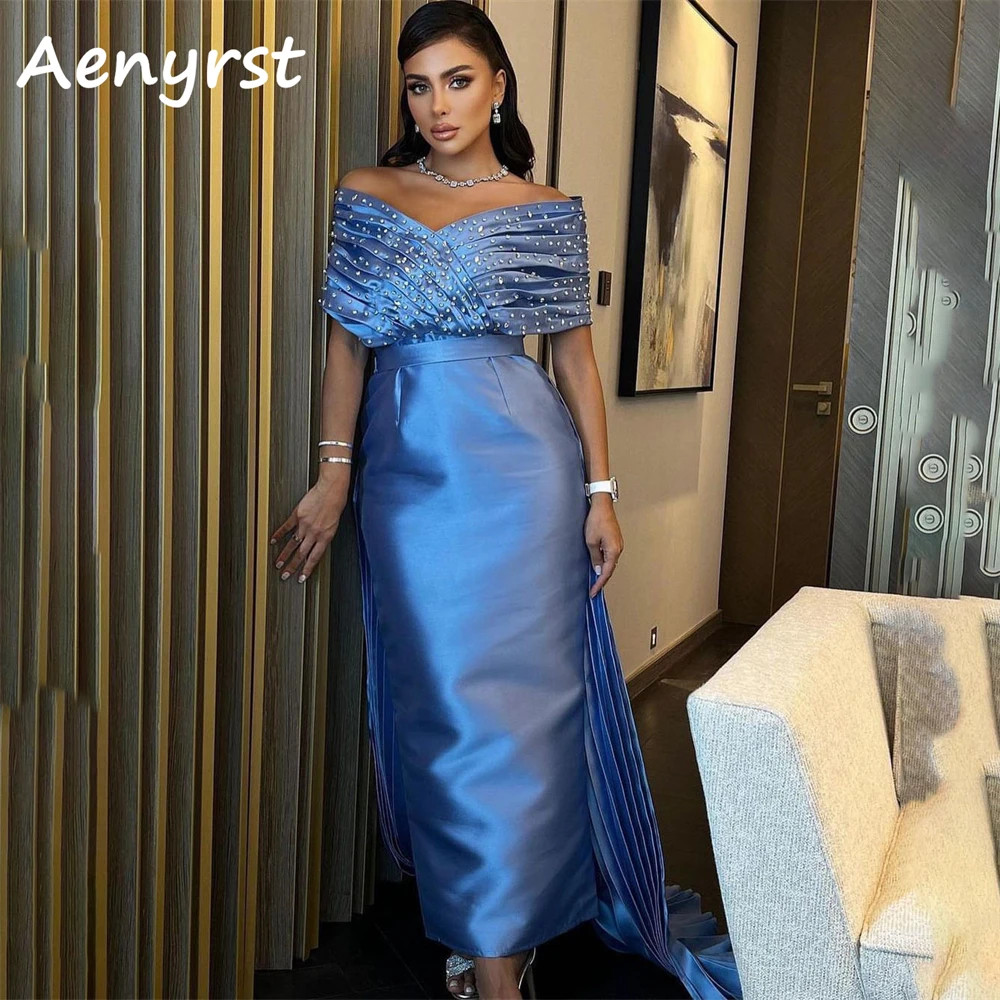 Aenyrst Off The Shoulder V Neck Saudi Arabia Prom Dresses Mermaid Satin Crystal Pleated Cocktail Gowns Ankle Length Party Dress