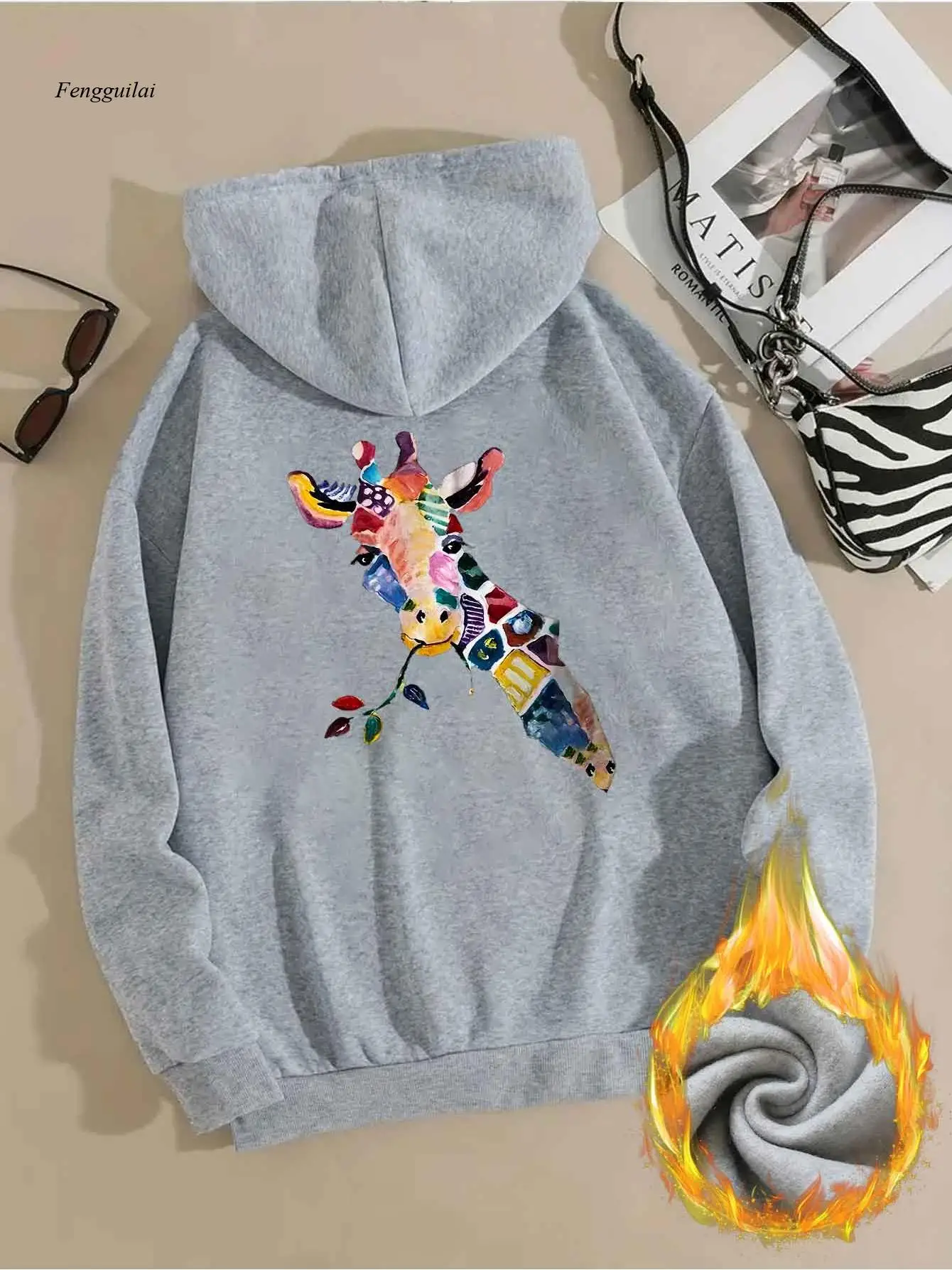 エレガントなカラーのキリンプリントスウェットシャツ |   スタイリッシュな長袖プルオーバーパーカー、クリスマスや冬の服装に