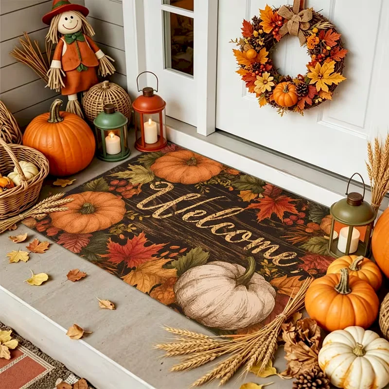 VIKAMA Fall Pumpkin Welcome Doormat Autumn Maple Leaf Non‑Slip Entrance Rug Outdoor Indoor Porch Kitchen Carpet Mat