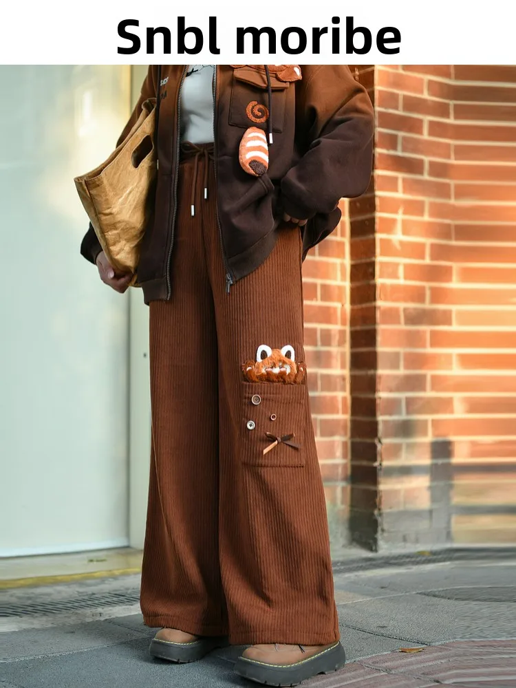 

Модные женские брюки с нашивкой в виде милой коричневой панды, широкие, повседневные, с высокой талией, из полиэстера, осенне-зимняя новинка