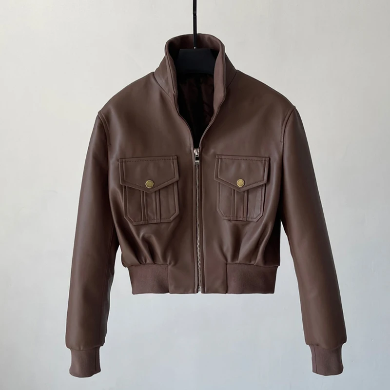 Zwart bijgesneden schapenvacht jas mode opstaande kraag slim fit dubbele zak dames echt leer motorjas casual bovenkleding