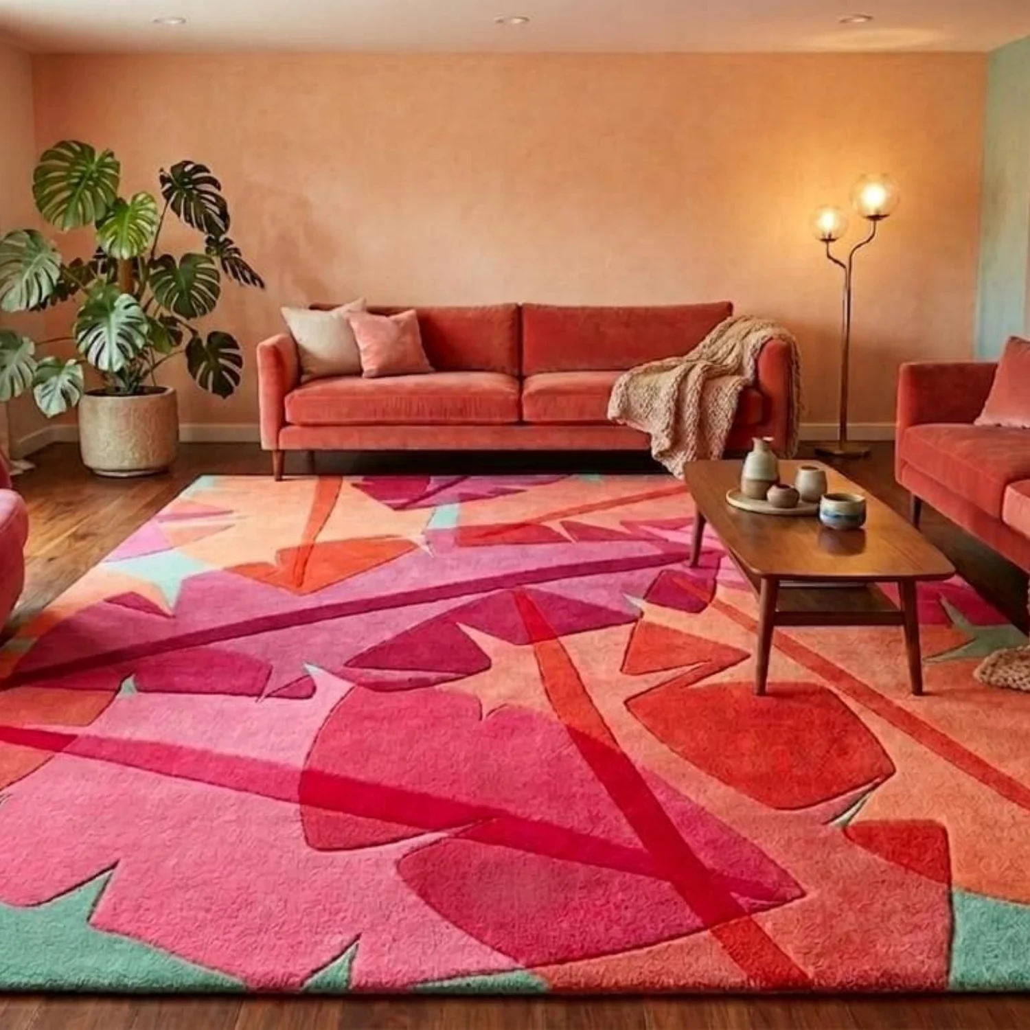 Room Decor Rug  H1andmade Tufted Wool Area Rug Clean Cozy Pink Orange Tropical Botanical  Custom Size  Vibrant Maximalist Dopamine DE1cor Living Rooms