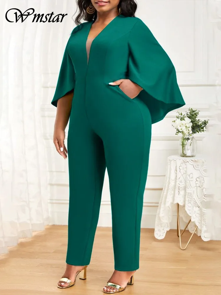 

Wmstar Plus Size Jumpsuit Women Solid Flared Half Sleeve V Neck Leggings Romper Office Lady Wholesale Dropshipping Without Belt