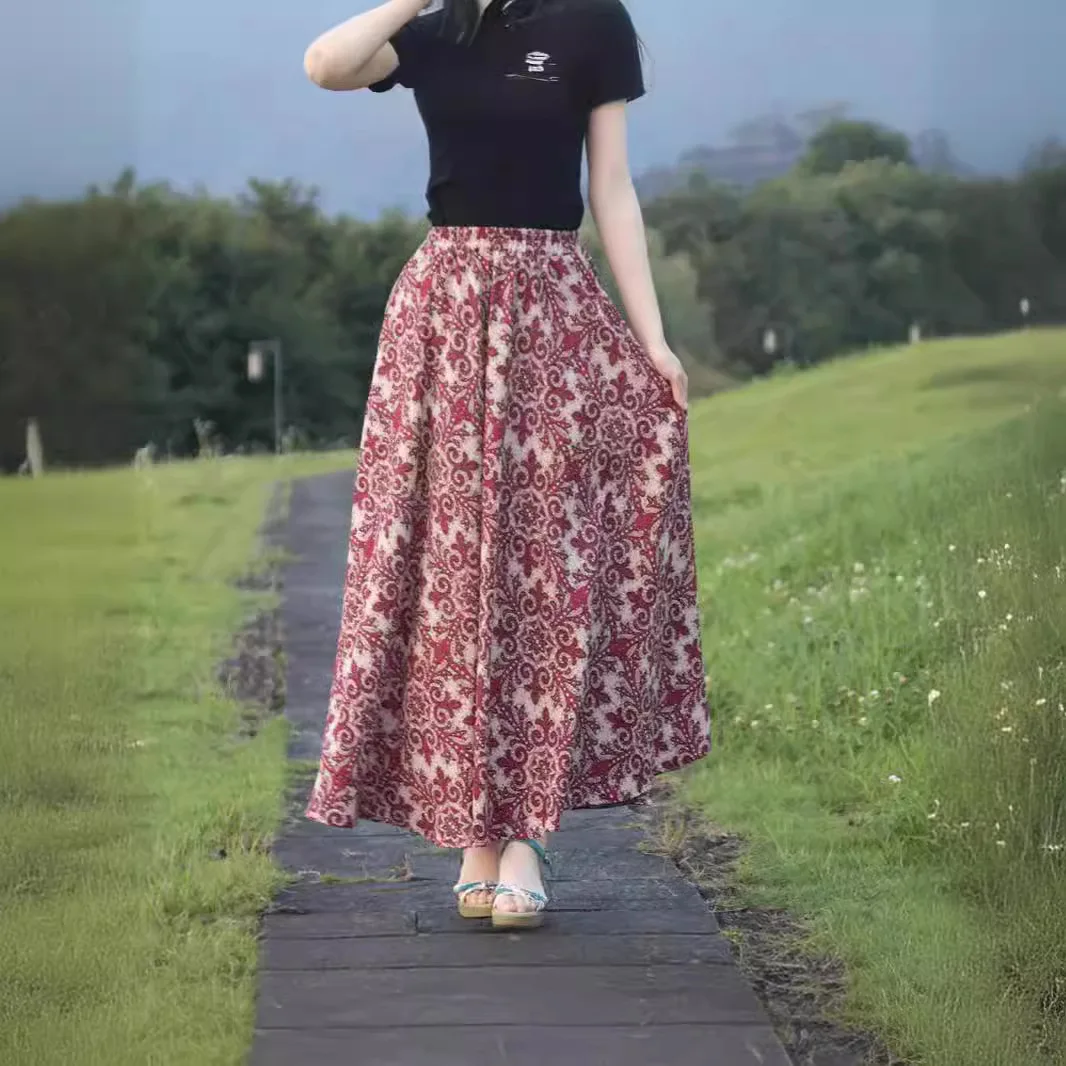 

TIYIHAILEY Free Shipping New Fashion Long Maxi A-line Flowers Pockets Elastic High Waist Women Cotton And Linen Print Skirts