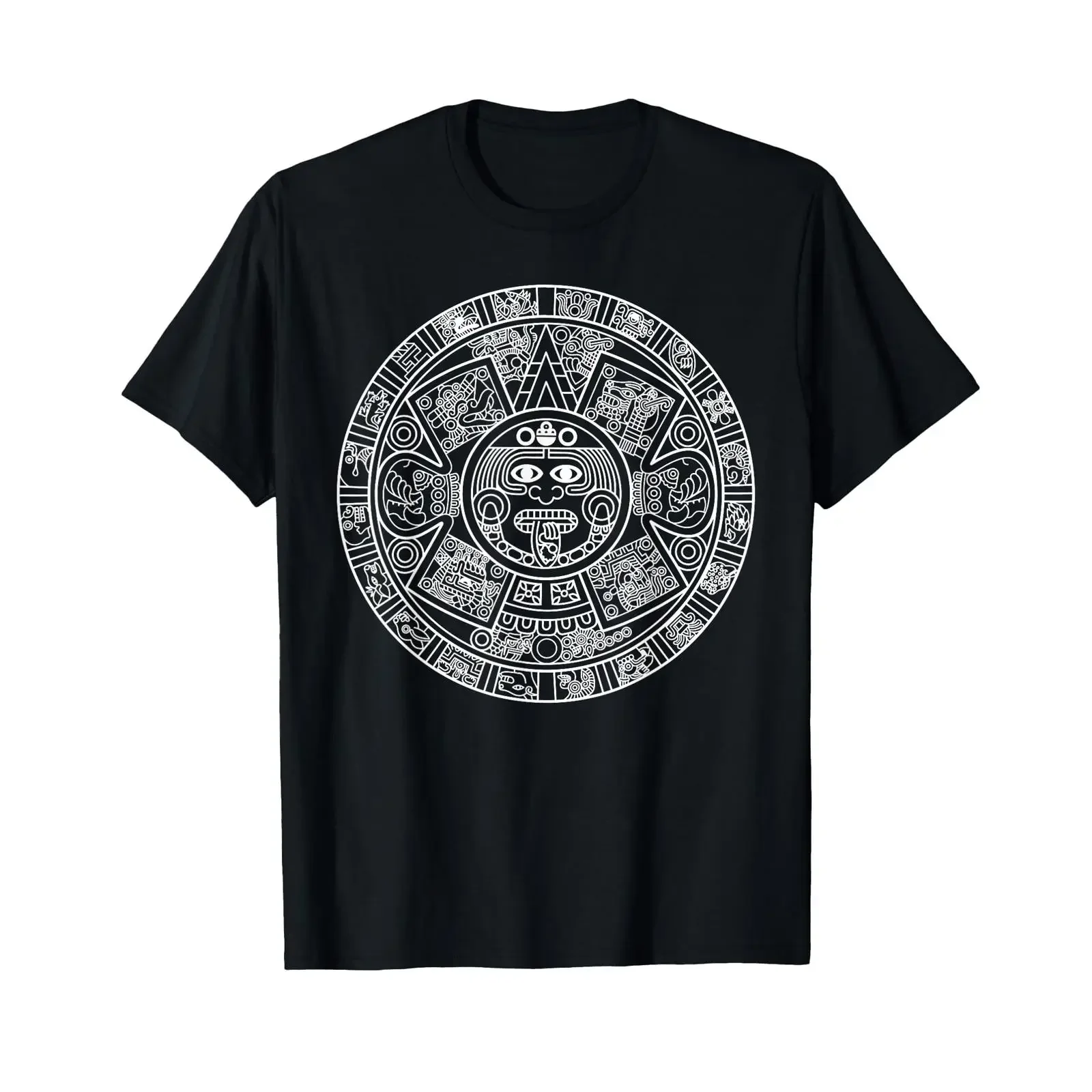 Aztec Mayan Calendar Mexican Sun Stone Art T Shirt vintage Washed Stretched graphic Top For Everyday Wear Stylish Soft Casual