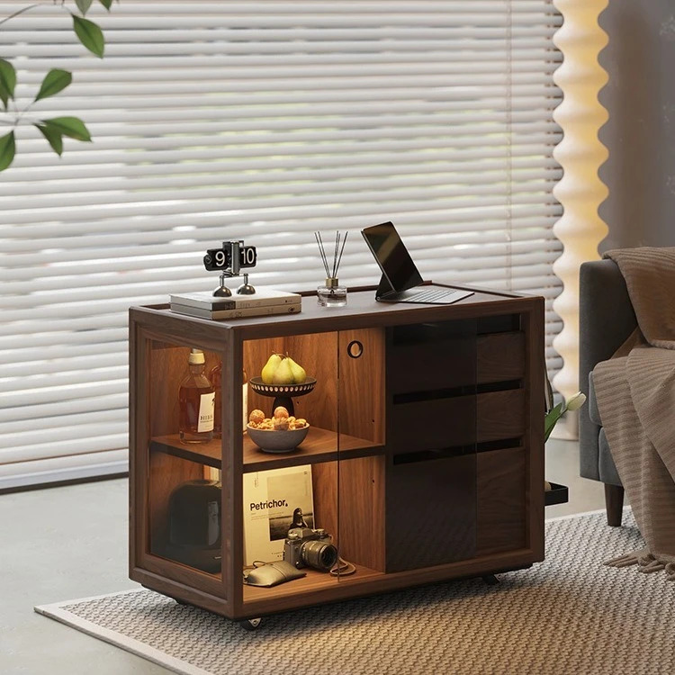 

Solid wood sofa side cabinet Nordic living room home side table removable trolley tea table black walnut tea