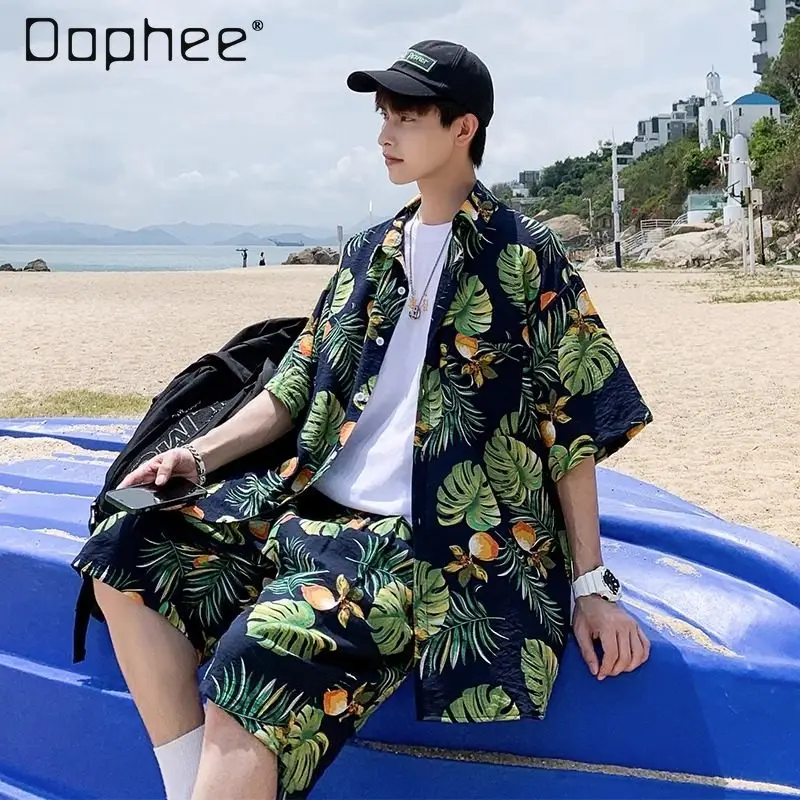 Summer Men's Loose Casual Plant Print Black and White Short Sleeve Thin Shirt Beach Elastic Shorts Two-Piece Set