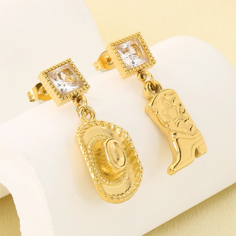 2026 Stainless Steel Women's Gold Plated Cowboy Boot Hat Square Zircon Dangle Earrings Band Party Jewelry Gift