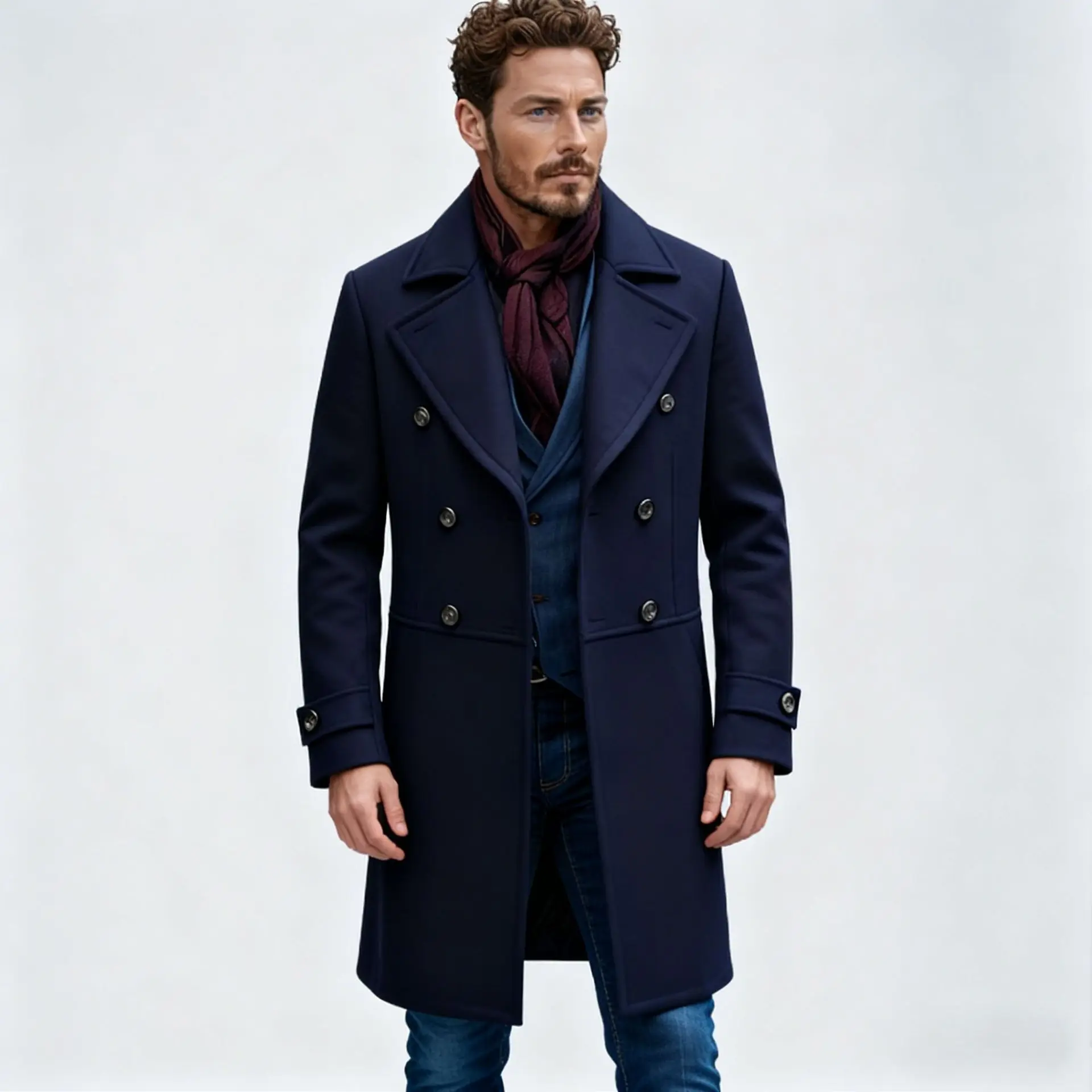 Winter Men's Woolen Coat Fashion Double-breasted Lapel Collar Cotton Medium And Long Woolen Coat