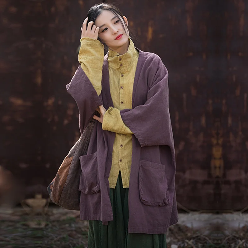 

Women Loose Shirt Summer Autumn r Retro Casual Flax Tops Ladies Vintage Blouse Tops Outer Garment Woman Jacket