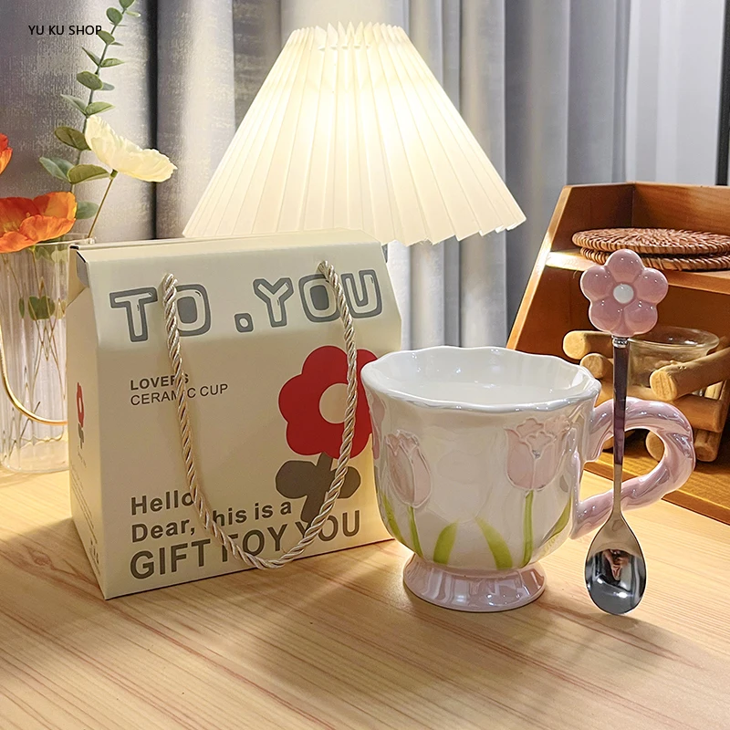 Ceramic Mug Tulip-shaped Mug Spoon Pearlescent Cup Home Drinkware Breakfast Oatmeal Milk Tea Cup for Home Office Birthday Gift