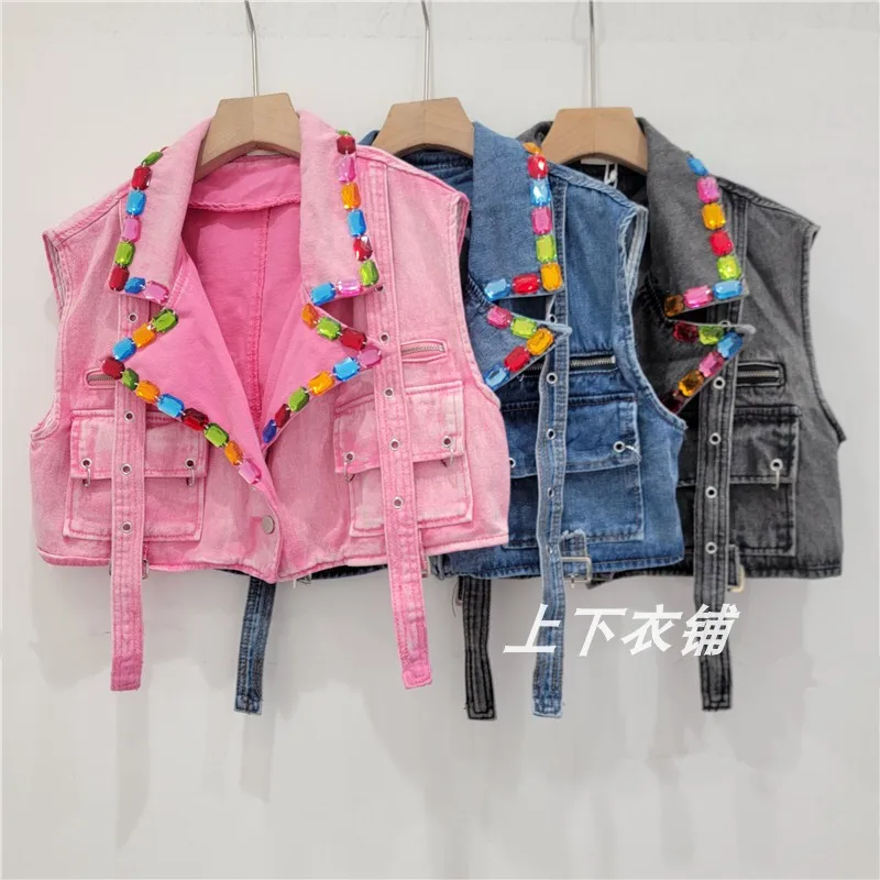 Heavy Industry Beads Design Personality Tailored Collar Double Pocket Workwear Denim Sleeveless Vest Waistcoat Top Women Clothes