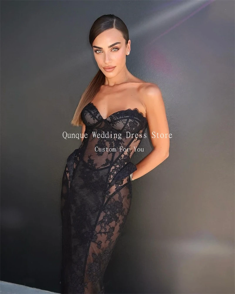 Qunque Black Prom Dress With Pocket Mermaid Evening Dress Customized Elegant Lace Girls Birthday Party Dresses Vestidos De Gala