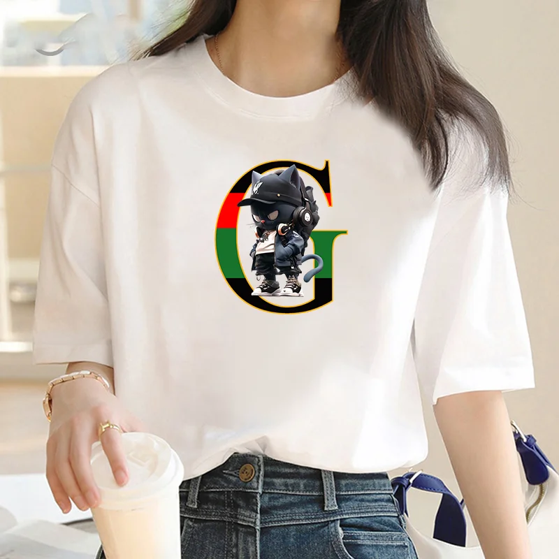 Women top T-shirt Cool cool Cat casual women T-shirt O collar fashion cartoon print commuter short sleeve women clothing