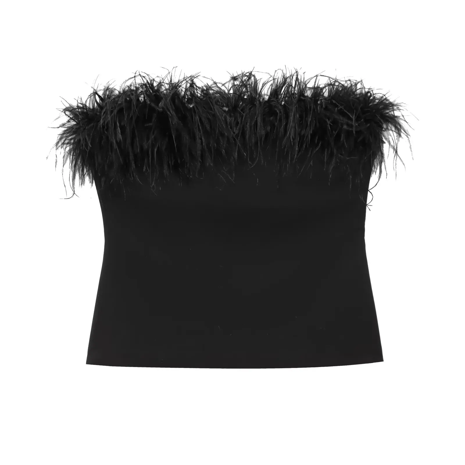 

TRAFZA Female High Street Slim Tanks Top Black Strapless Sleeveless Backless Feather Decoration Summer Tops Women Trendy