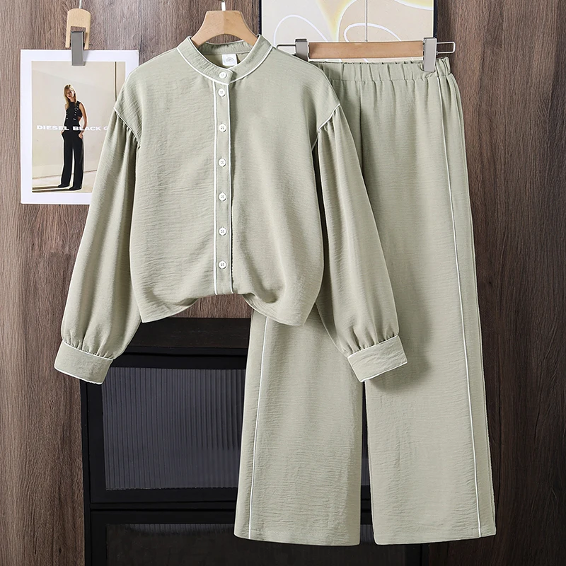 Girls 8-12 Spring Autumn Daily Outfit Set, Stand Collar Puff Sleeve Shirt With Contrast Piping And Elastic Waist Wide Leg Pants
