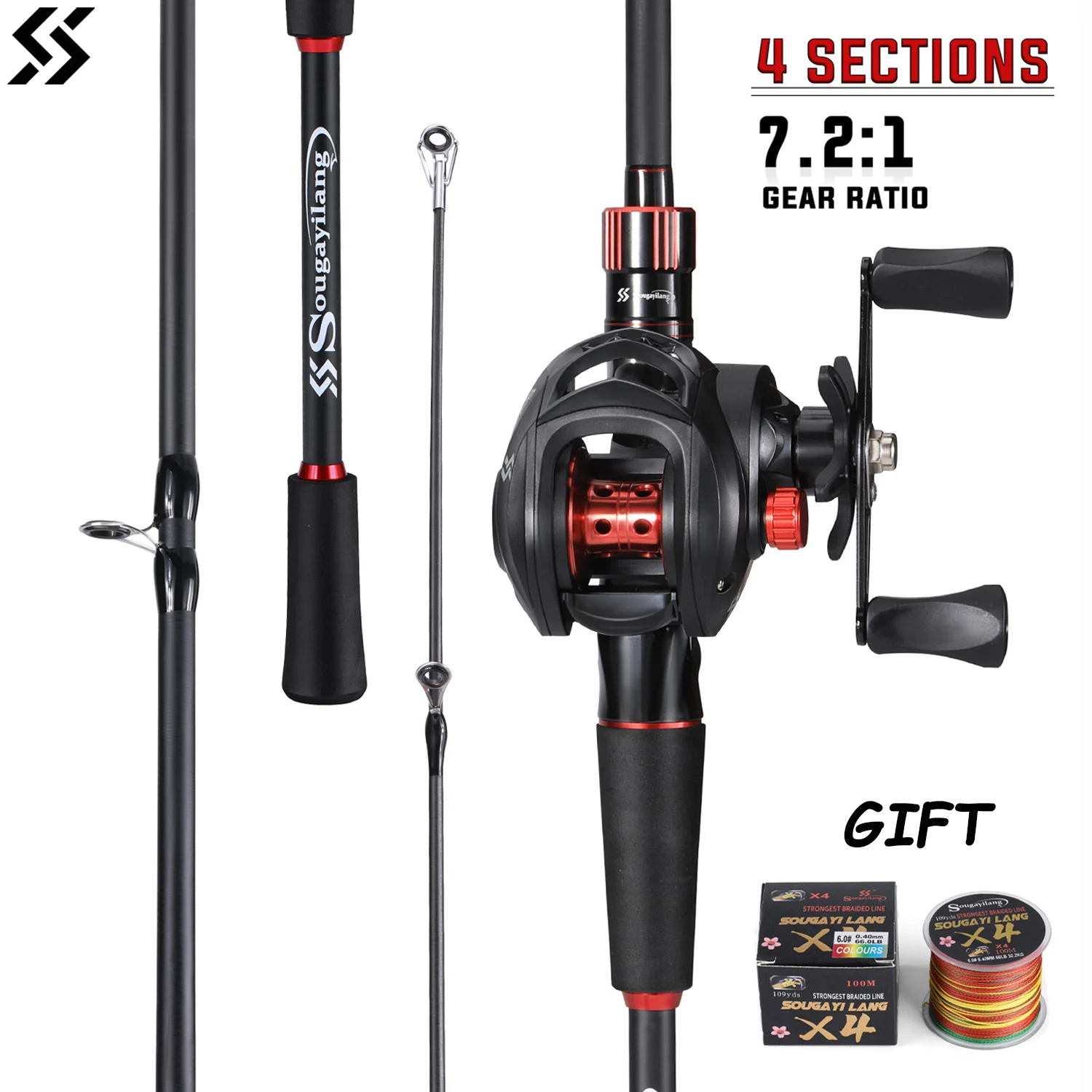 Sougayilang Fishing Rod and Reel Combo Set 1.8~2.1m Carbon Fiber Casting Rod and 7.2:1 Gear Ratio Reel Max Drag 10kg with a Gift