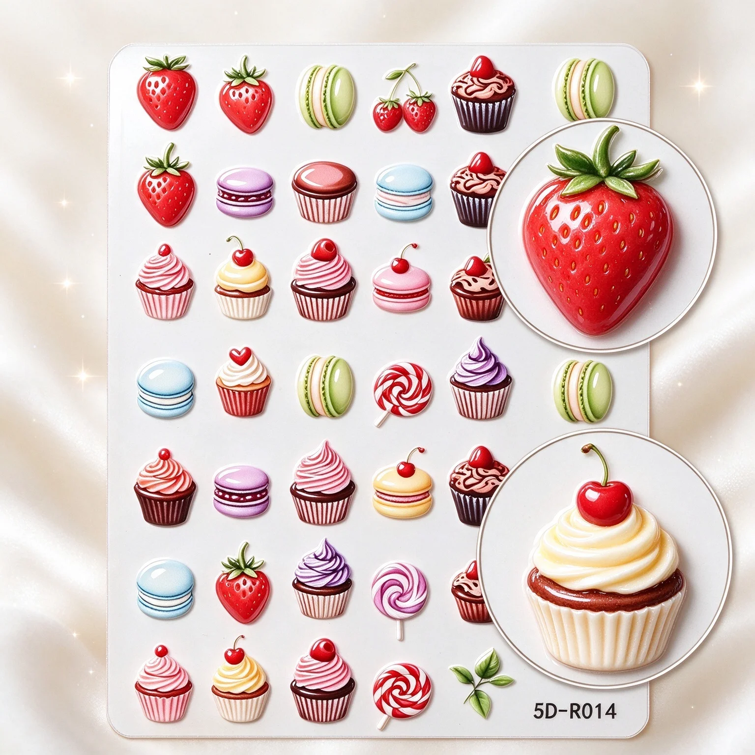 1pcs 5D Embossed Sweet Dessert Fruit Nail Art Stickers Cute Cupcake Strawberry Macaron Candy Nail Decals DIY Manicure Decor