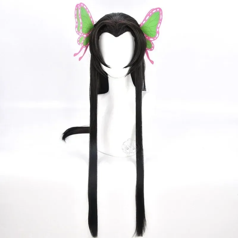 25COSKochou Kanae Cosplay Perücke Anime Kimetsu Keine Yaiba Cosplay Schwarz Lange Gerade Perücken Haar Schmetterling Kopfbedeckung Halloween Kostüm