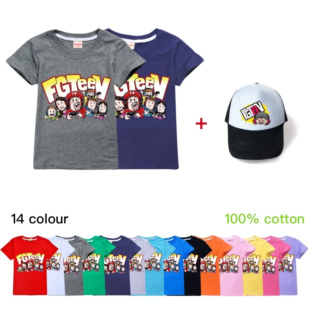 

2024 Cartoon FGTEEV Kids Clothes Boys And Girls Cotton T-shirts Children Fashion Clothing Summer Tops Casual Tees Unisex+sunhat