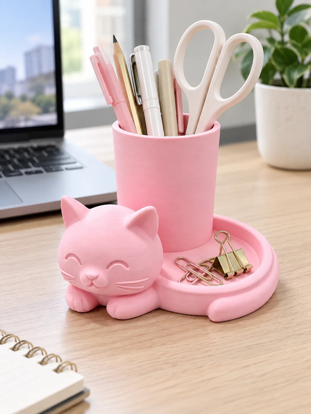 3D Printed Pink Cute Cat Pen Holder, 2-in-1 Desktop Organizer with Storage Tray, Matte Soft Pink Texture, Delicate and High-Quality, Kawaii Cartoon Cat Design, Adorable and Therapeutic, Can Hold Pens, Paper Clips, Scissors, Stationery, Also Suitable for Makeup Brushes, Jewelry, Hair Clips, Small Accessories, Multifunctional Desktop Organizer, Suitable for Office, Study Room, Dormitory, Classroom, Makeup Table, Atmospheric Desktop Decoration, Gift for Cat Lovers