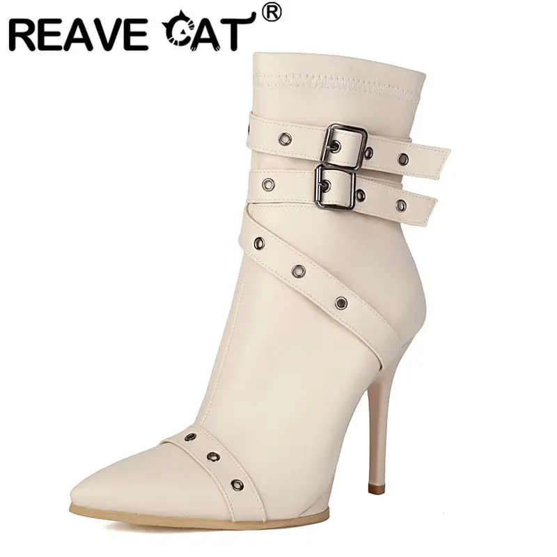 

REAVE CAT Sexy Women Short Boots Pointed Toe 11cm Stiletto Zipper Belt Buckles Plus Size 40 41 Dating Party Ankle Bota Beige Red