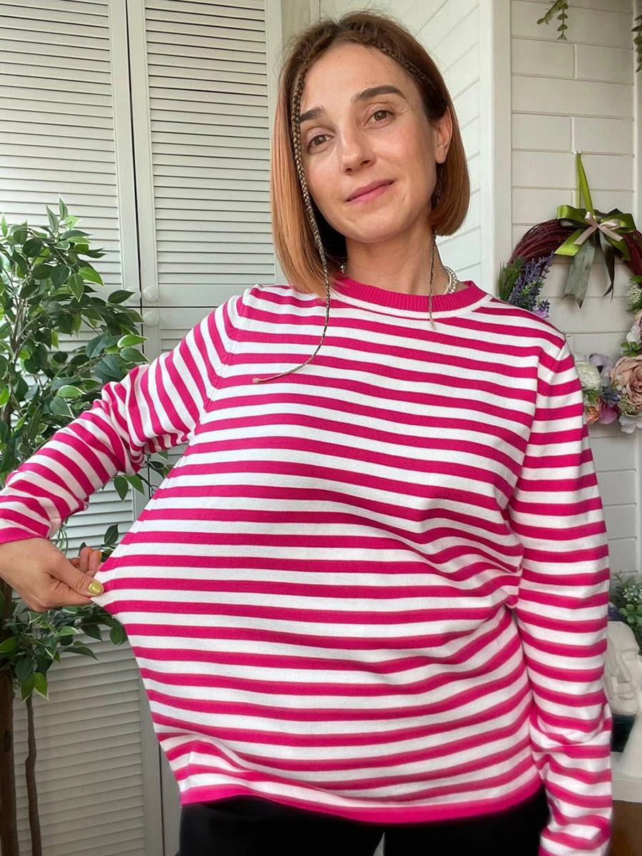 

2025 Autumn Winter Knitted Stripe Sweater Women Loose Casual Thick Pullovers Female Warm Long-sleeved Round Neck Tops