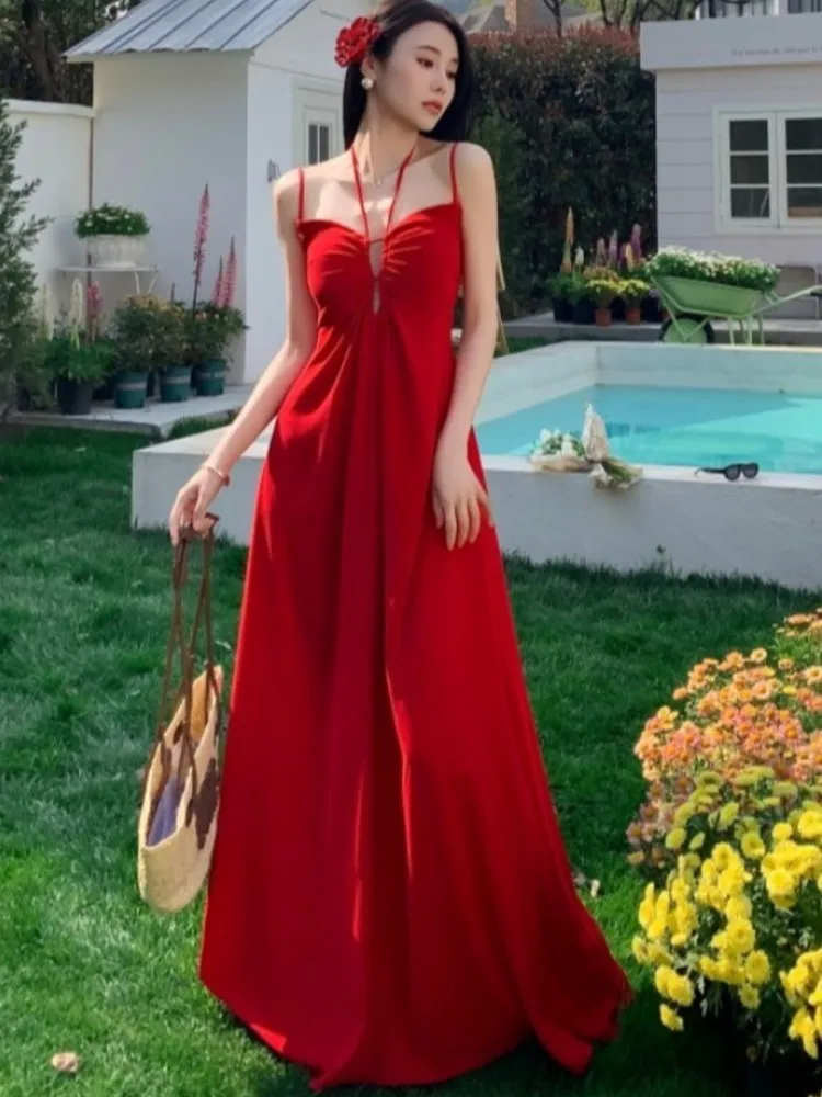

Elegant Backless Evening Party Halter Long Sundress Dresses Women Sleeveless 2025 Summer Holiday Ruffles Dress Vestidos Popular