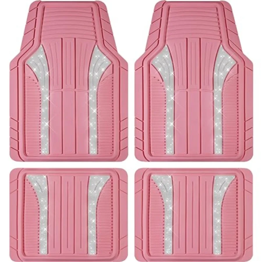 

Bling Rubber Floor Mats Sparkly Glitter Pink Car Mats Set Heavy Duty All Weather Waterproof Mats Pad for Girls and Women Univer