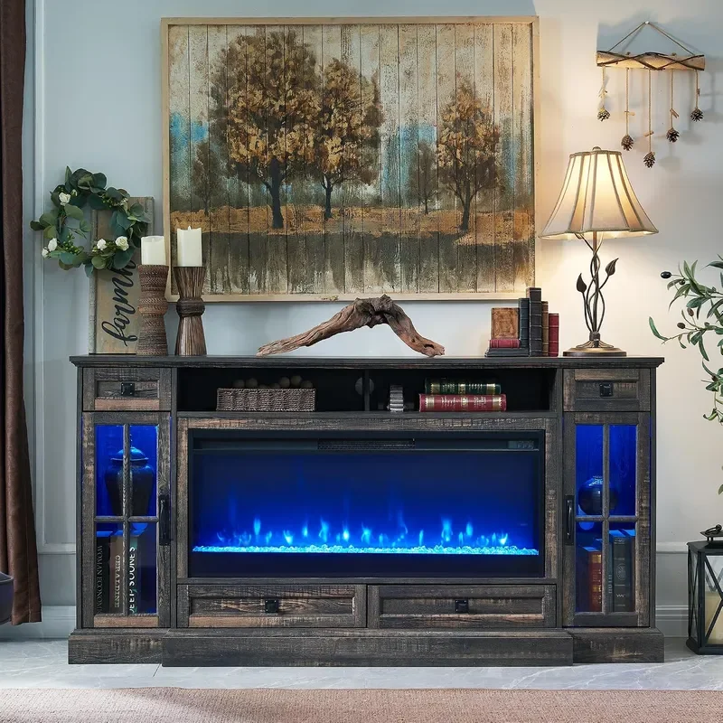 70 Farmhouse Fireplace TV Stand for 80 Inch TV Dark Rustic Oak