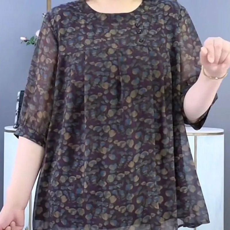 Sommer dünne lässige halbe Ärmel Bluse weibliche Kleidung Vintage gebrochene Blumen lose pendeln gespleißt Prärie Chic Rundhals-Shirt