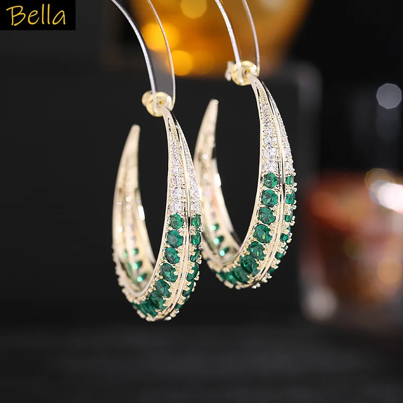 

large hoop earrings for women purple green black silver color zirconia C shape dangling earrings elegant party daily wear