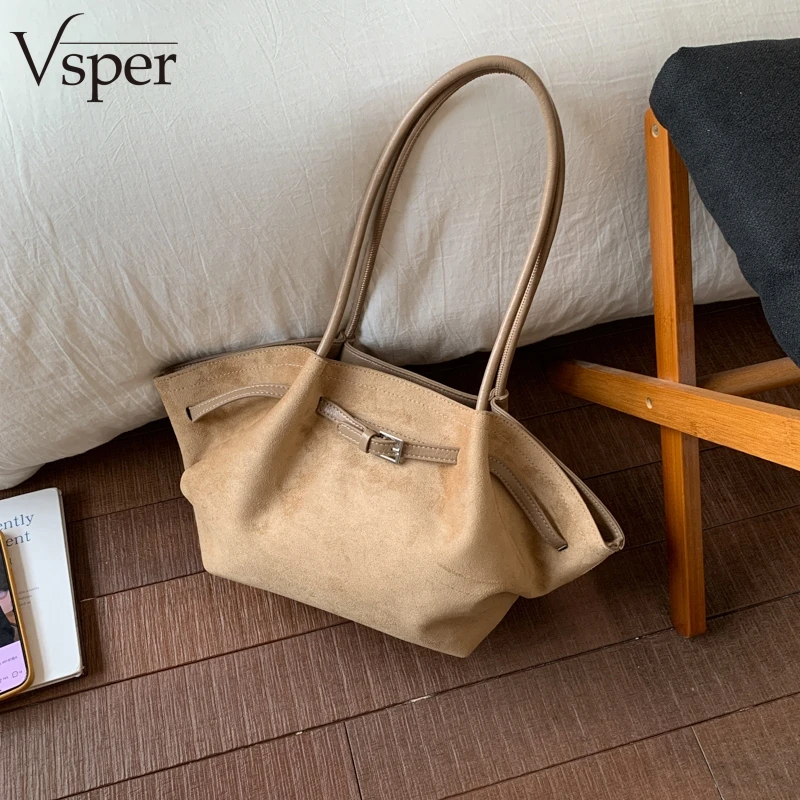 

Vsper Belt Buckle Design Shoulder Bags For Women PU Suede Pure Color Mini Shopper Totes 2026 New In Vintage Style Luxury Handbag
