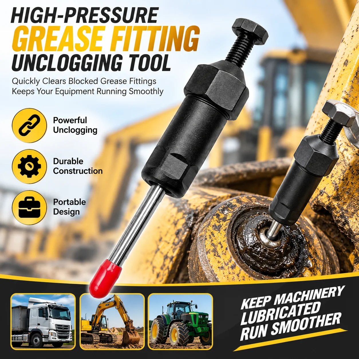 High-Pressure Grease Fitting Unclogging Tool Portable Spiral Pressure Design Grease Nozzle Cleaning Tool for Auto Maintenance