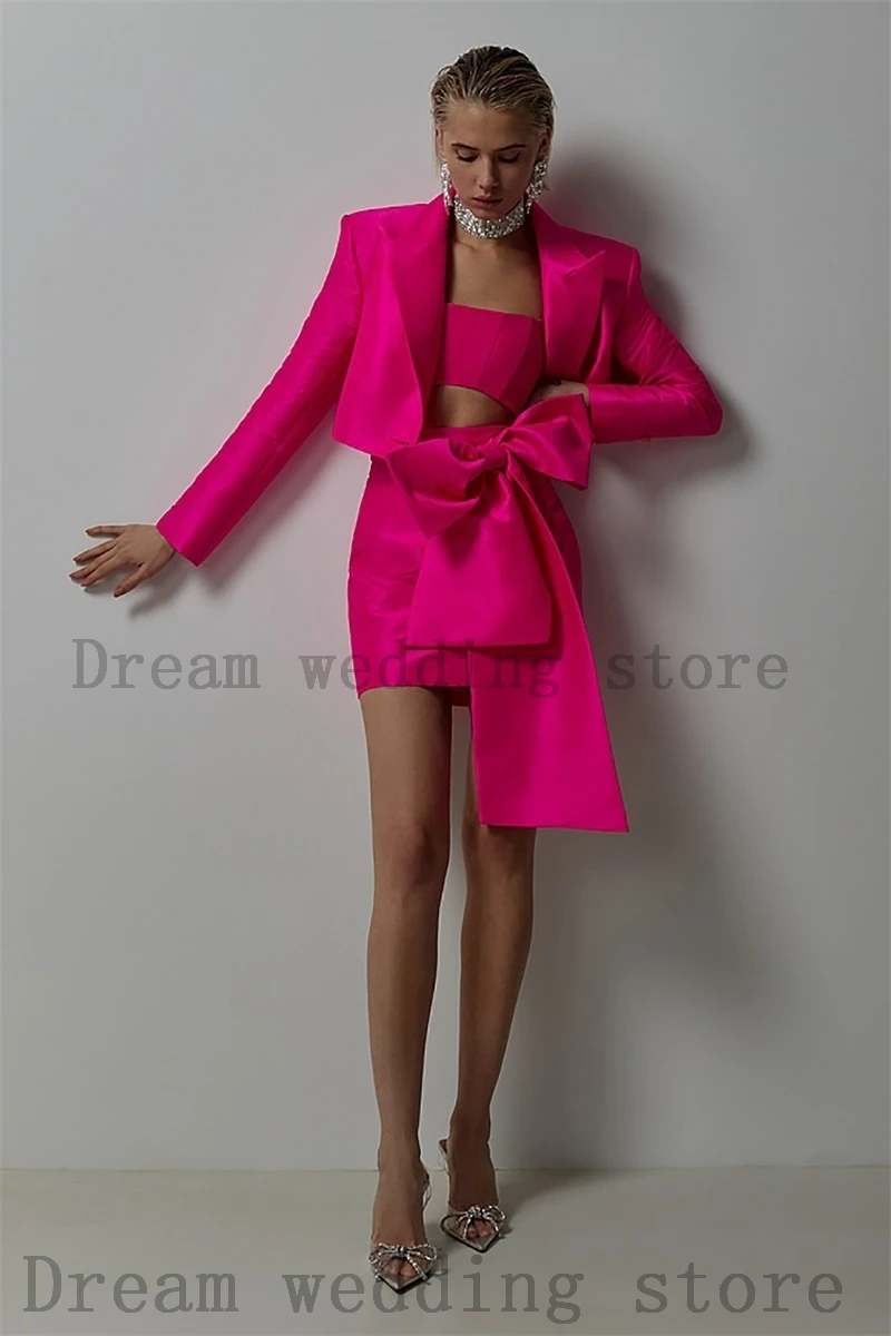 Barbiecore – ensemble 3 pièces rose pour femmes, jupe, Blazer, soutien-gorge et robe courte, Sexy, smoking de mariage avec ceinture, robe de bal sur mesure