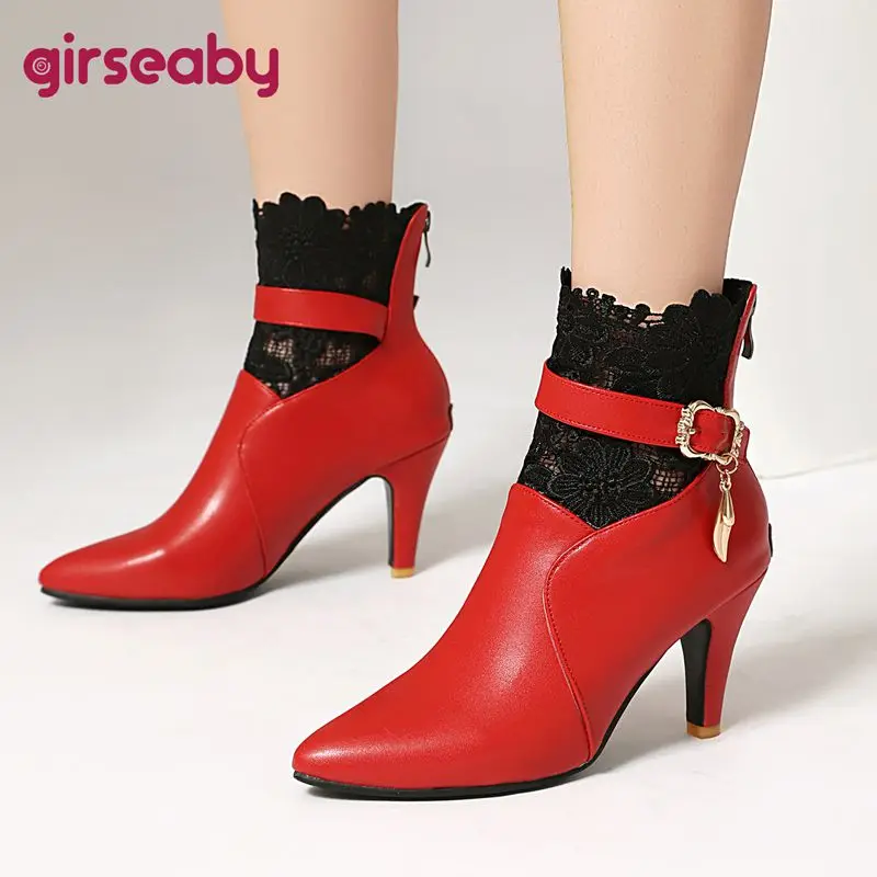 

Girseaby2025 Women Ankle Boots Sharp Toe Thin Heels 8.5cm Zipper Fastener Multi Hue Plus Size 44 46 47