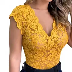 Sexy Deep V Neck Sleeveless Lace Blouse Shirts Summer Fashion Women Lace Patchwork Pullover Tops