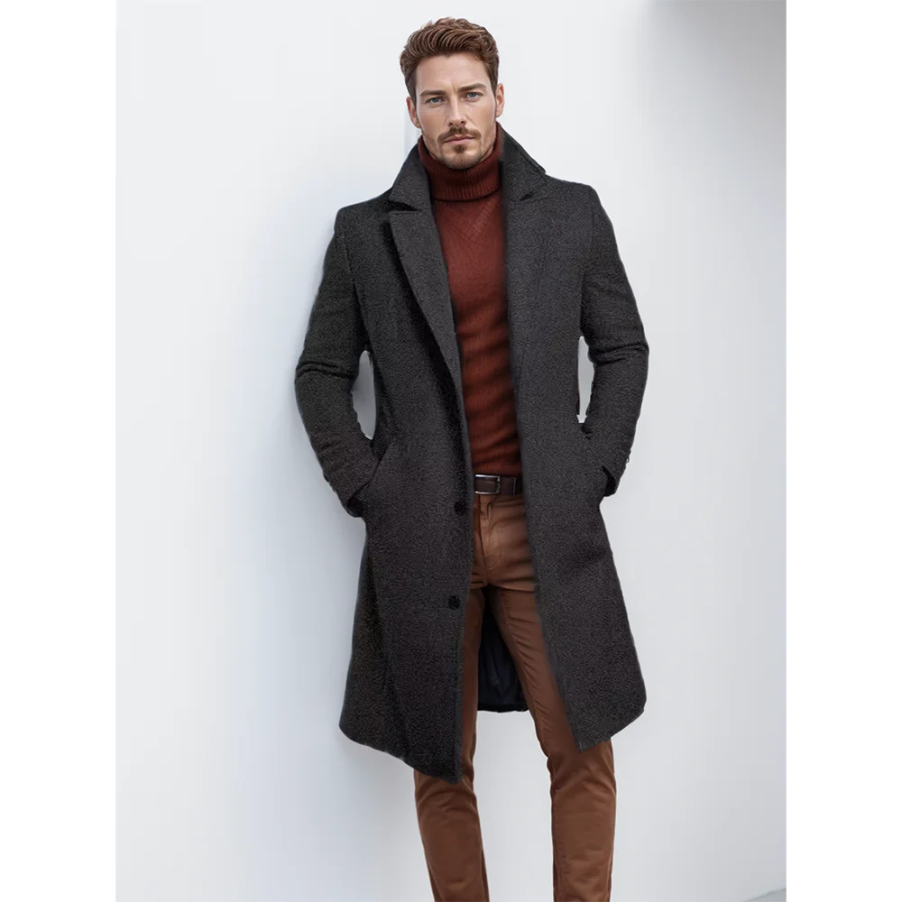 New men's coat warm mid-length solid color autumn and winter coat youth daily men's coat