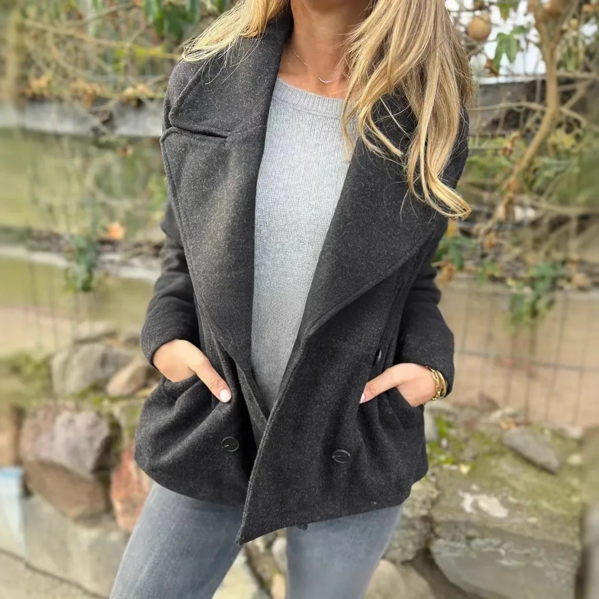 

Осень-зима, однотонное повседневное двубортное шерстяное пальто, женская мода