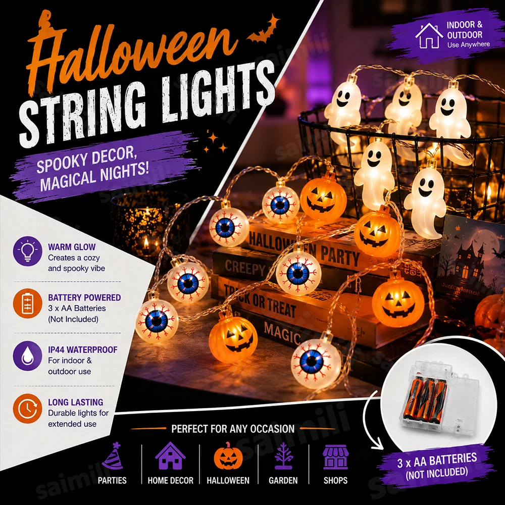 Spooky Halloween LED String Light Pumpkin Ghost Eyeball IP44 Waterproof Battery Powered For Home Window Mantel Indoor Decor