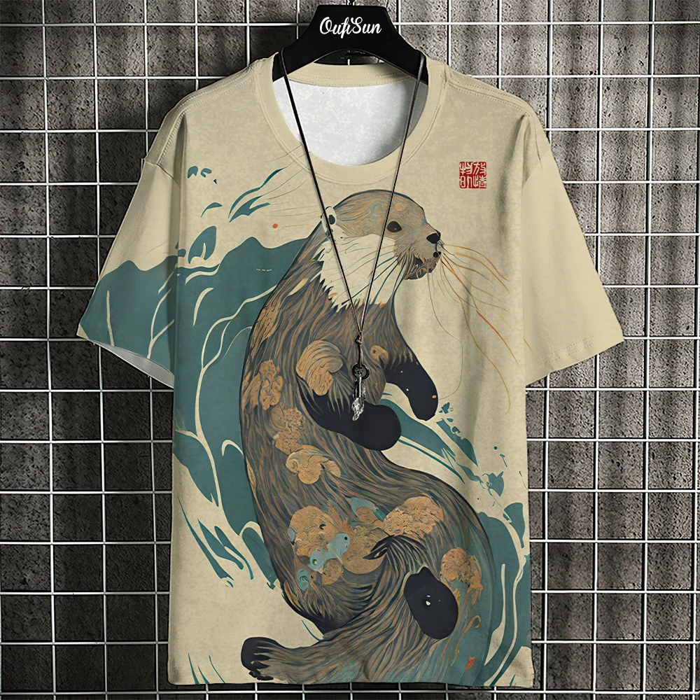 3D Ukiyo-E Animal Print Men's T-Shirt Summer Casual Oversized Short Sleeve T Shirt for Men Fashion Man Clothing 2024 Vintage Tee image 6
