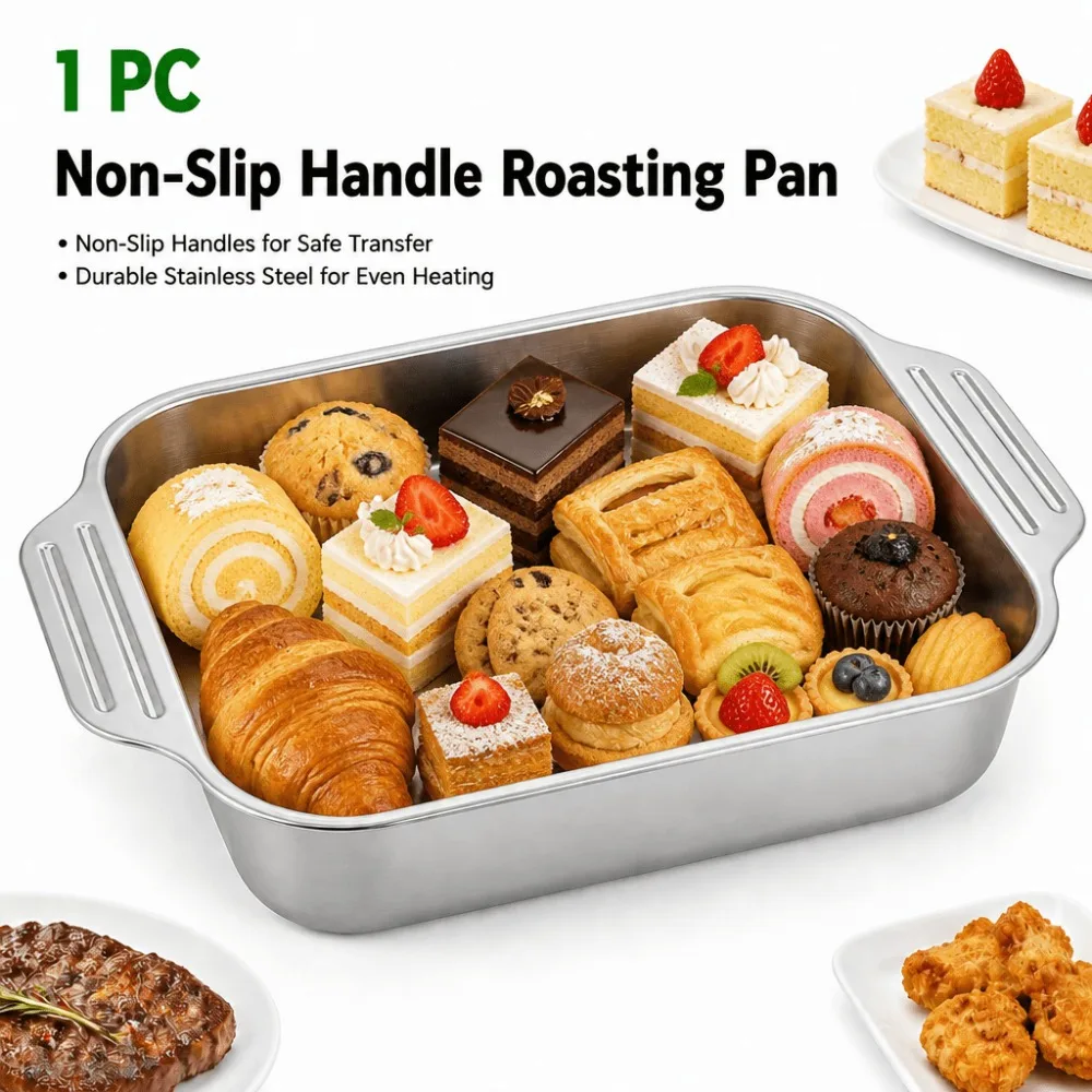 Stainless Steel Baking Pan Heavy Duty Deep Oven Tray with Heat Resistant Handles and Cleaning Sponge for Home Baking BBQ Buffet