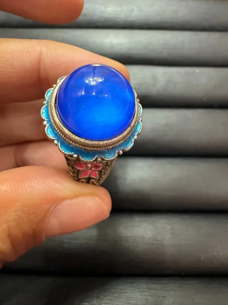 Vintage Tibetan Silver Cloisonne Ring, Adjustable Band, Inlaid Hexagram Blue Gemstone, Ethnic Boho Style, Fashion Retro Finger