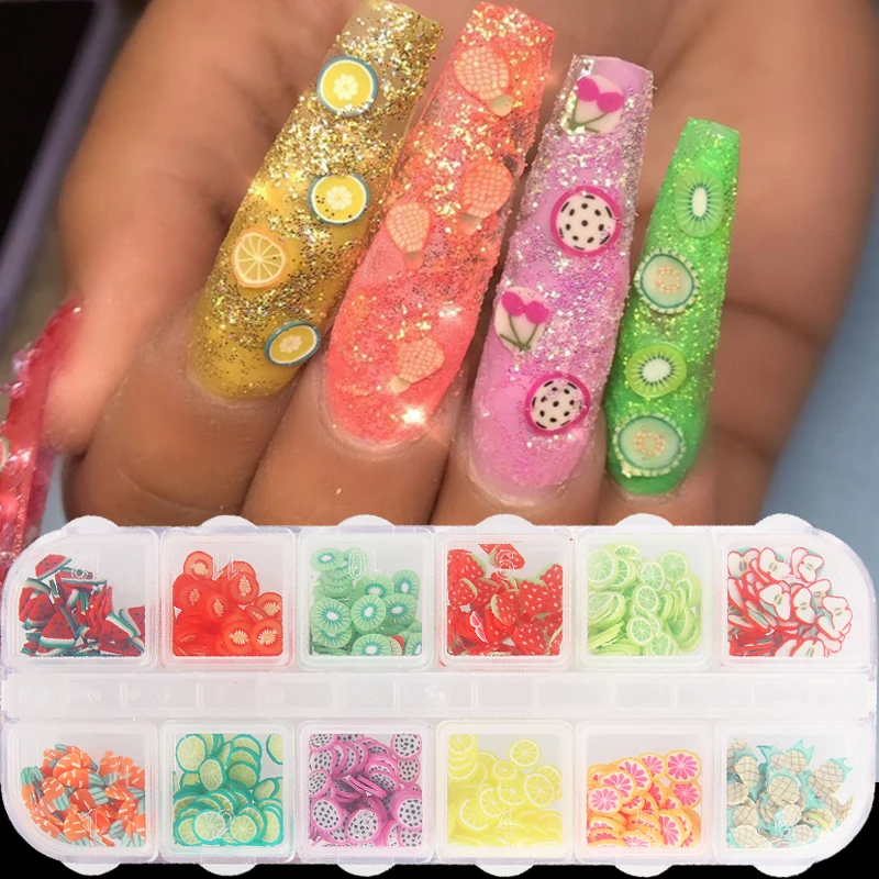 1Pcs ผสม3D เล็บผลไม้เล็กๆ Polymer Clay DIY Designs ผลไม้ดอกไม้สติกเกอร์เล็บอะคริลิคเล็บเคล็ดลับตกแต่ง