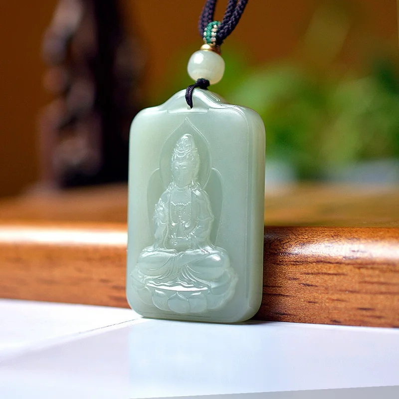 

Natural Hetian Qinghai Material-Sitting Guanyin Jade Men'S Double-Sided Necklace Pendant