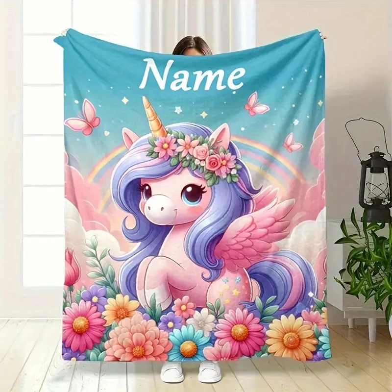 

Customized creative cartoon unicorn pattern text flannel printed blanket,contemporary style blanket,soft and comfortable