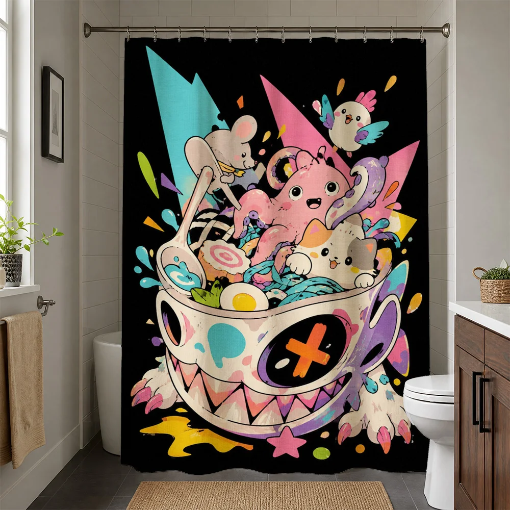 Cute Cartoon Kawaii Characters Shower Curtain Bathroom Decor Fun Pop Art Style Shower Curtain for Kids and Adults