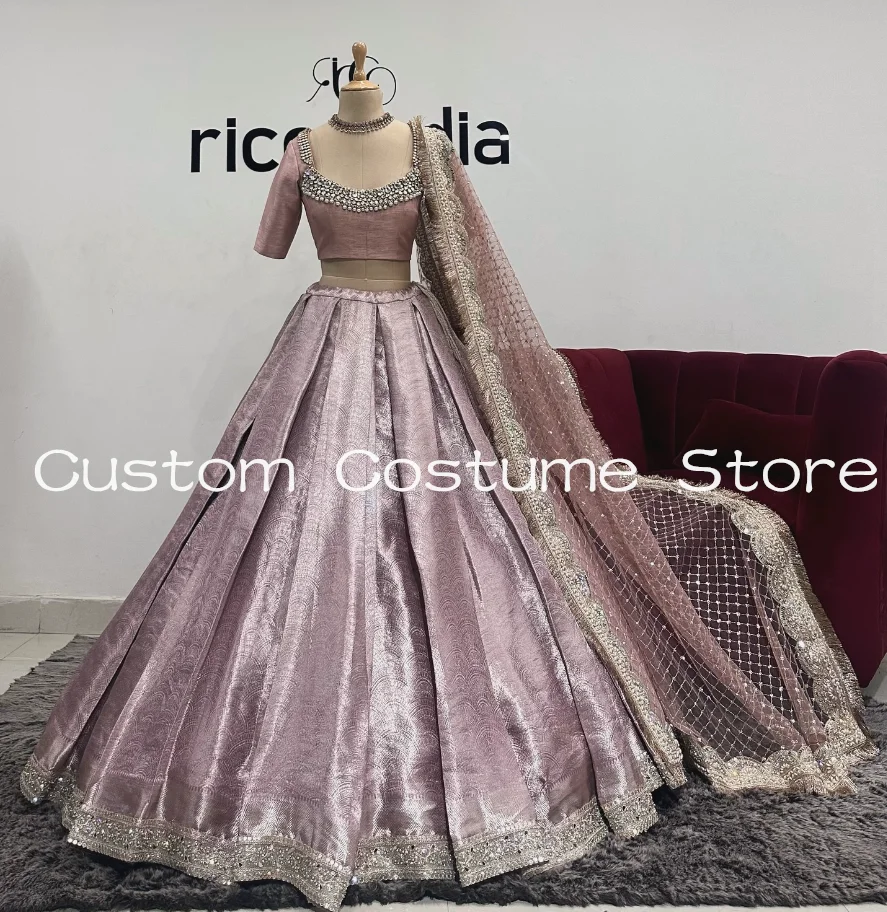 

Banarasi Three Pieces Benarsi Lehenga Prom Formal Dresses with Wrap Sparkly Henna Gillter Indian Evening Gown Customized