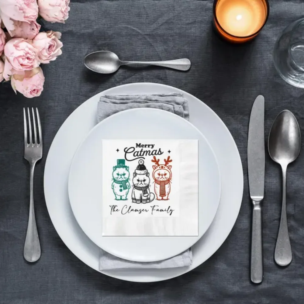 مخصص عيد ميلاد سعيد Catmas تحت عنوان 3 طبقات قسط مخصص كوكتيل المناديل قياس تخصيص الأسماء والتاريخ أو أي رسالة أخرى #3