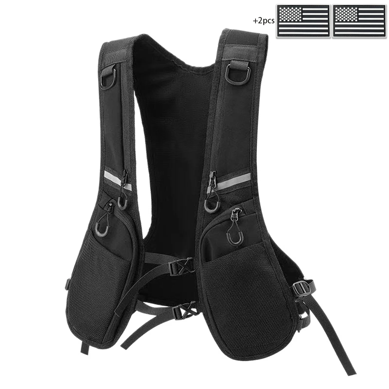 Lightweight vest with reflective strip, cross adjustable straps, storage pocket, D-ring, and comes with 2 badges